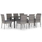 vidaXL Set mobilier de masă pentru grădină, 9 piese, gri, poliratan