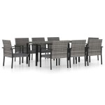 vidaXL Set mobilier de masă pentru grădină, 9 piese, gri, poliratan