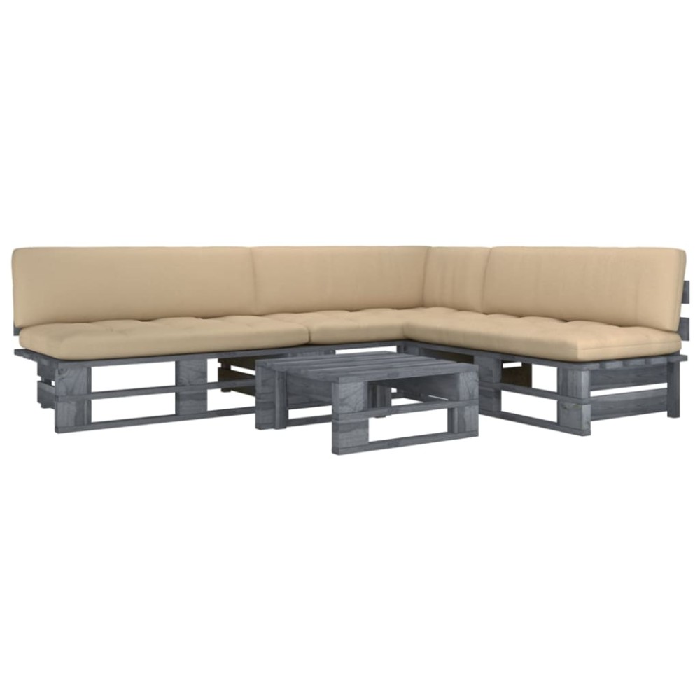 vidaXL Set mobilier din paleți cu perne, 4 piese, gri, lemn pin tratat