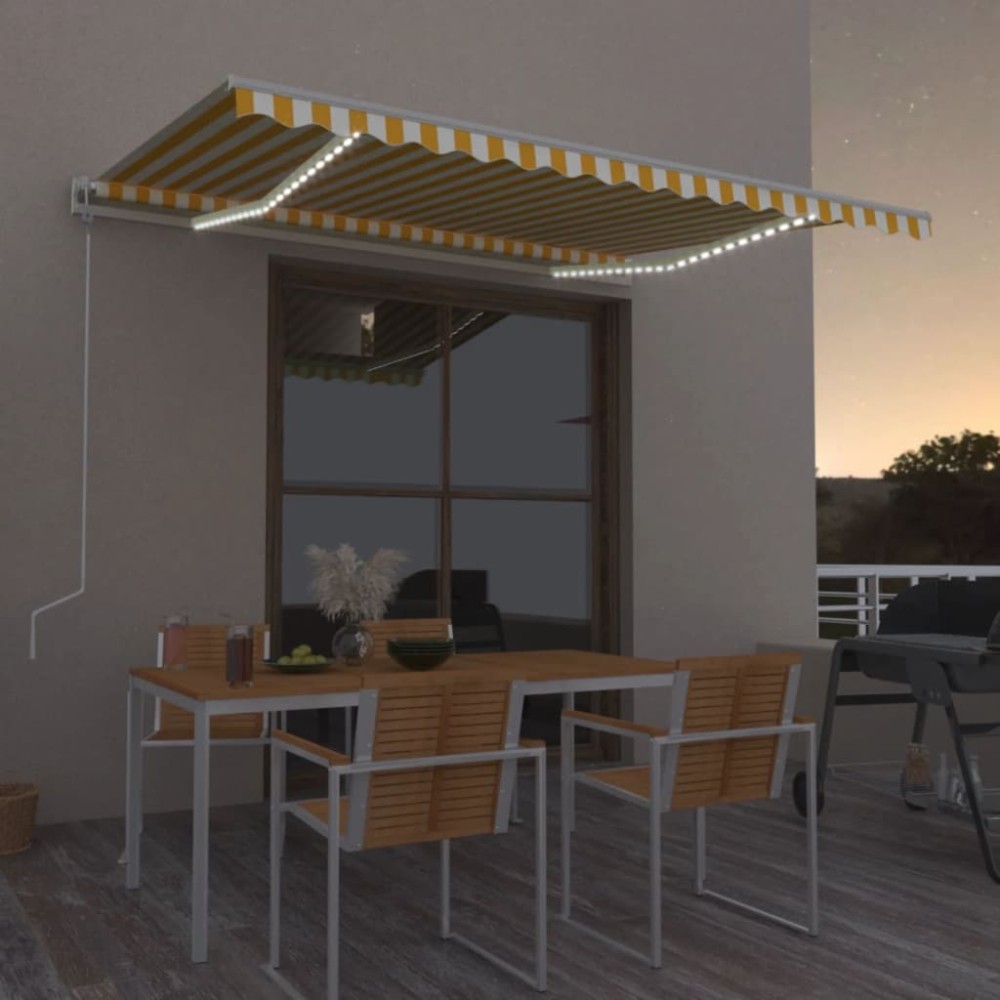 vidaXL Copertină automată cu senzor vânt&LED, galben/alb, 450x300 cm