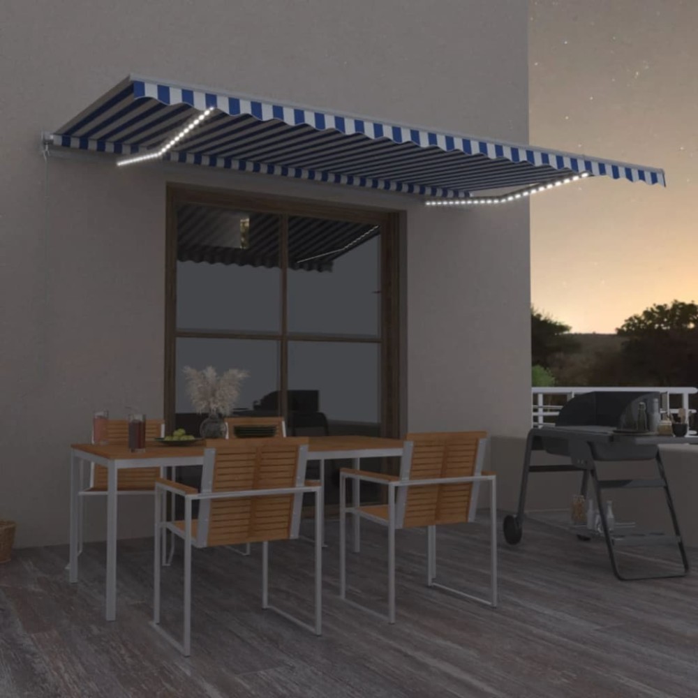 vidaXL Copertină retractabilă manual cu LED, albastru&alb, 500x350 cm