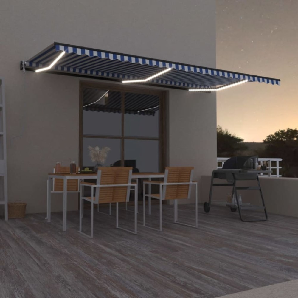vidaXL Copertină automată cu senzor vânt&LED, albastru/alb, 600x350 cm
