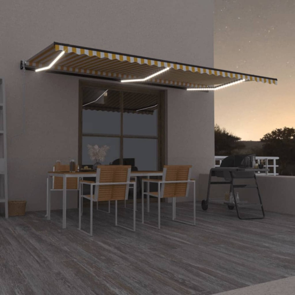 vidaXL Copertină automată cu senzor vânt&LED, galben/alb, 600x350 cm