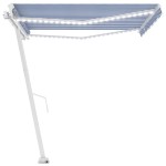 vidaXL Copertină retractabilă manual LED, albastru și alb, 450x300 cm