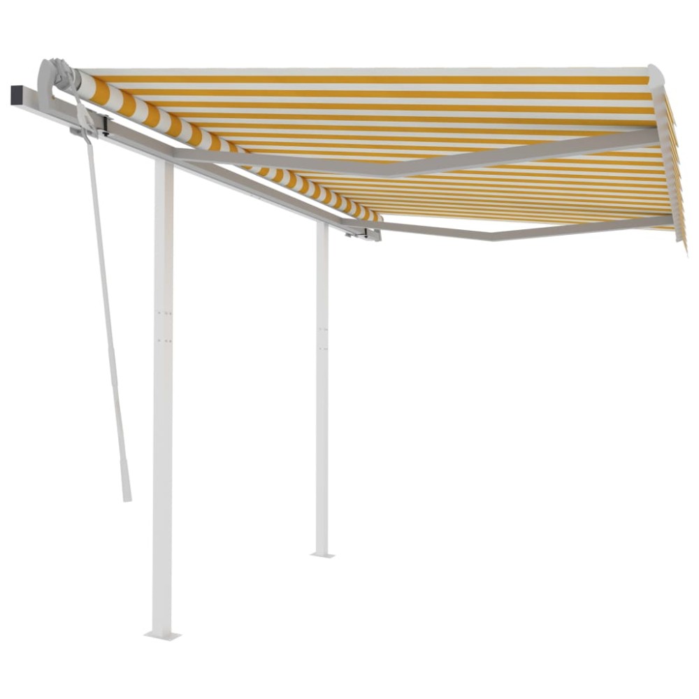 vidaXL Copertină retractabilă manual cu stâlpi, galben/alb, 3x2,5 m