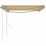 vidaXL Copertină retractabilă manual, cu stâlpi, galben și alb, 4x3 m vidaXL Copertină retractabilă manual, cu stâlpi, galben și alb, 4x3 m