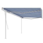 vidaXL Copertină retractabilă manual, cu stâlpi, albastru & alb, 5x3 m