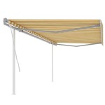 vidaXL Copertină retractabilă manual, cu stâlpi, galben și alb, 5x3 m vidaXL Copertină retractabilă manual, cu stâlpi, galben și alb, 5x3 m