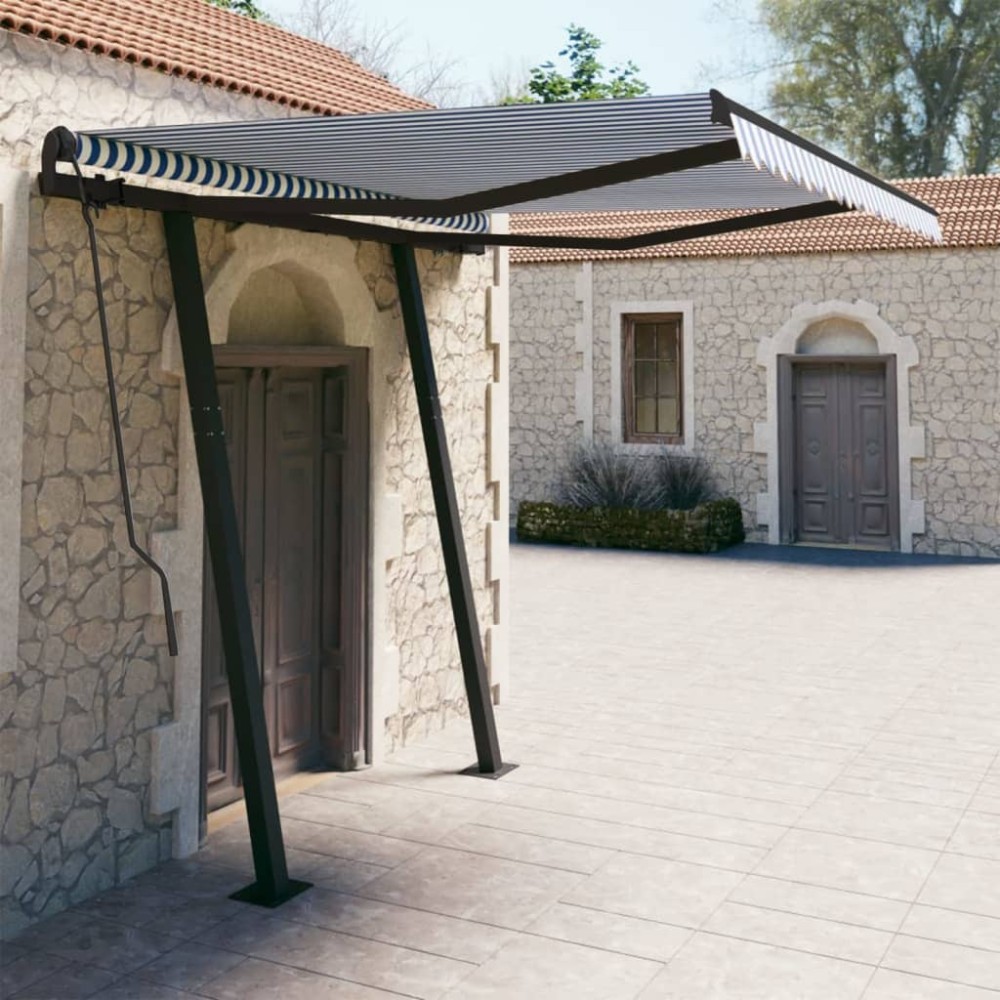 vidaXL Copertină retractabilă automat cu stâlpi, albastru&alb, 3x2,5 m