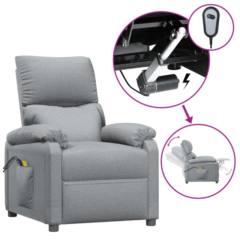 vidaXL Fotoliu de masaj electric rabatabil, gri deschis, textil