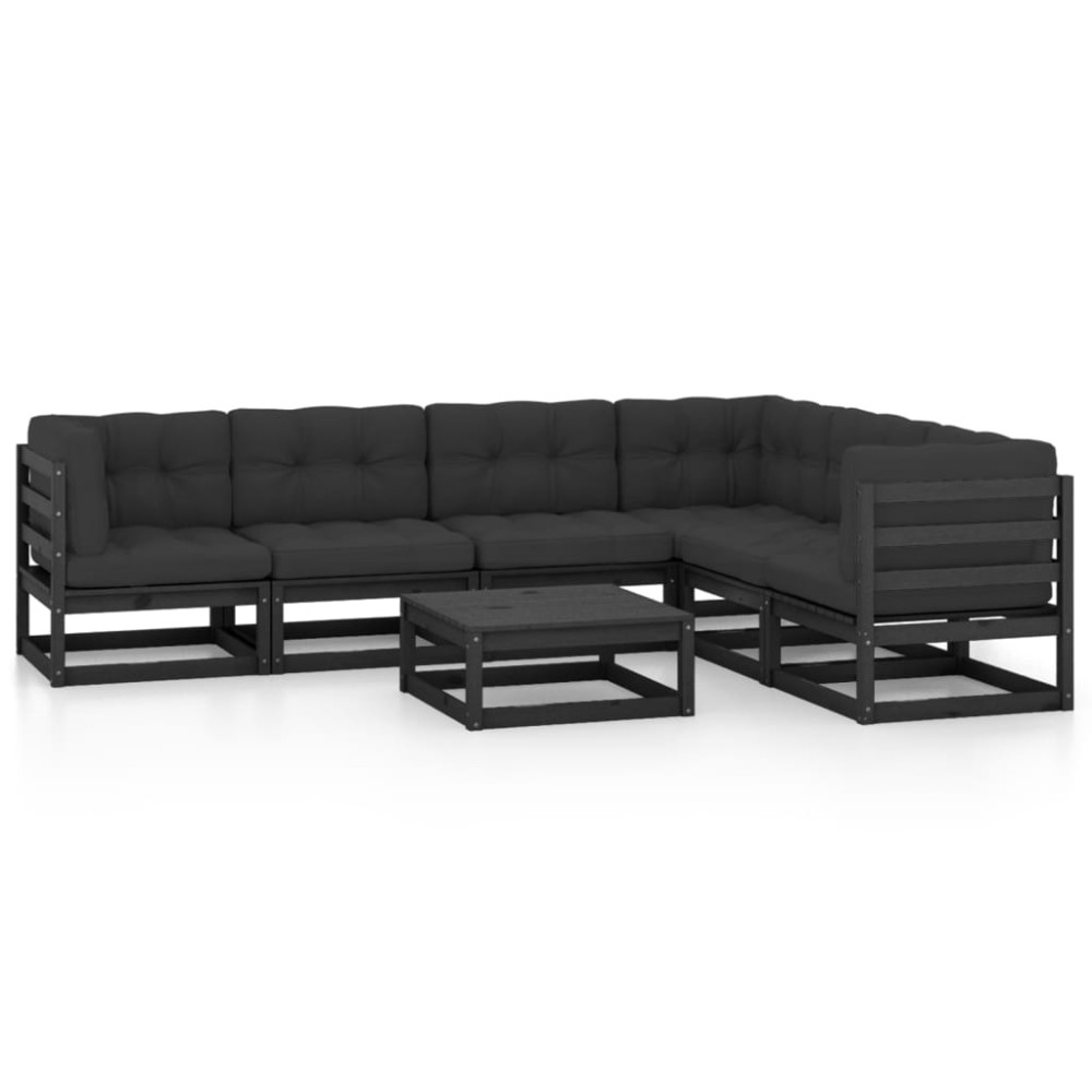 vidaXL Set mobilier grădină cu perne, 7 piese, negru, lemn masiv pin