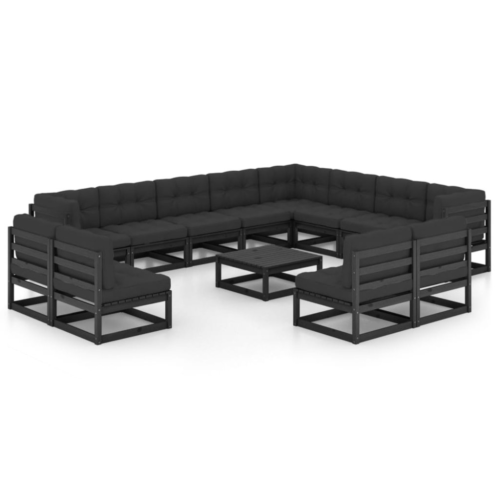 vidaXL Set mobilier grădină perne, 13 piese, negru, lemn masiv pin