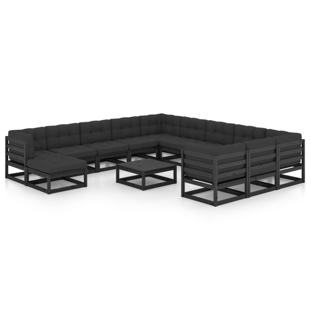 vidaXL Set mobilier grădină perne, 13 piese, negru, lemn masiv pin