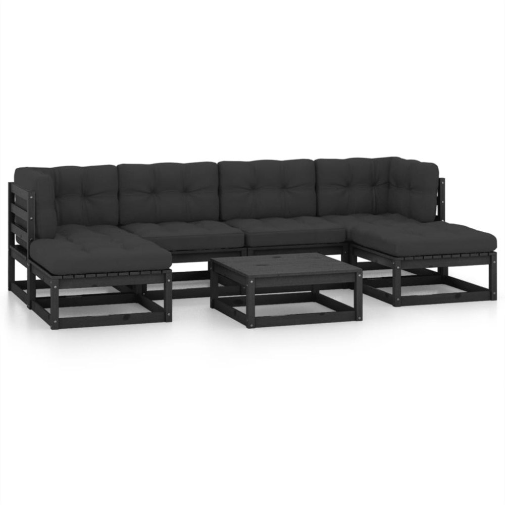 vidaXL Set mobilier grădină cu perne, 7 piese, negru, lemn masiv pin