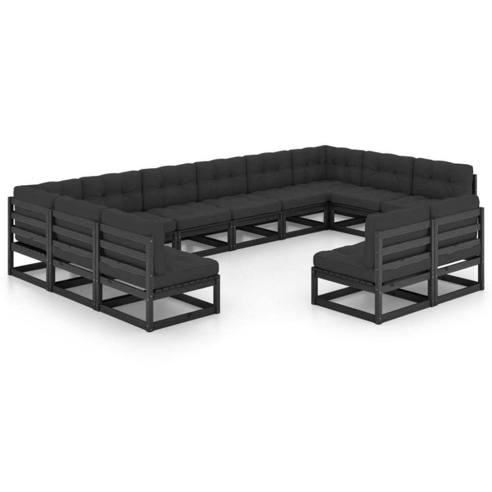 vidaXL Set mobilier grădină perne, 12 piese, negru, lemn masiv pin