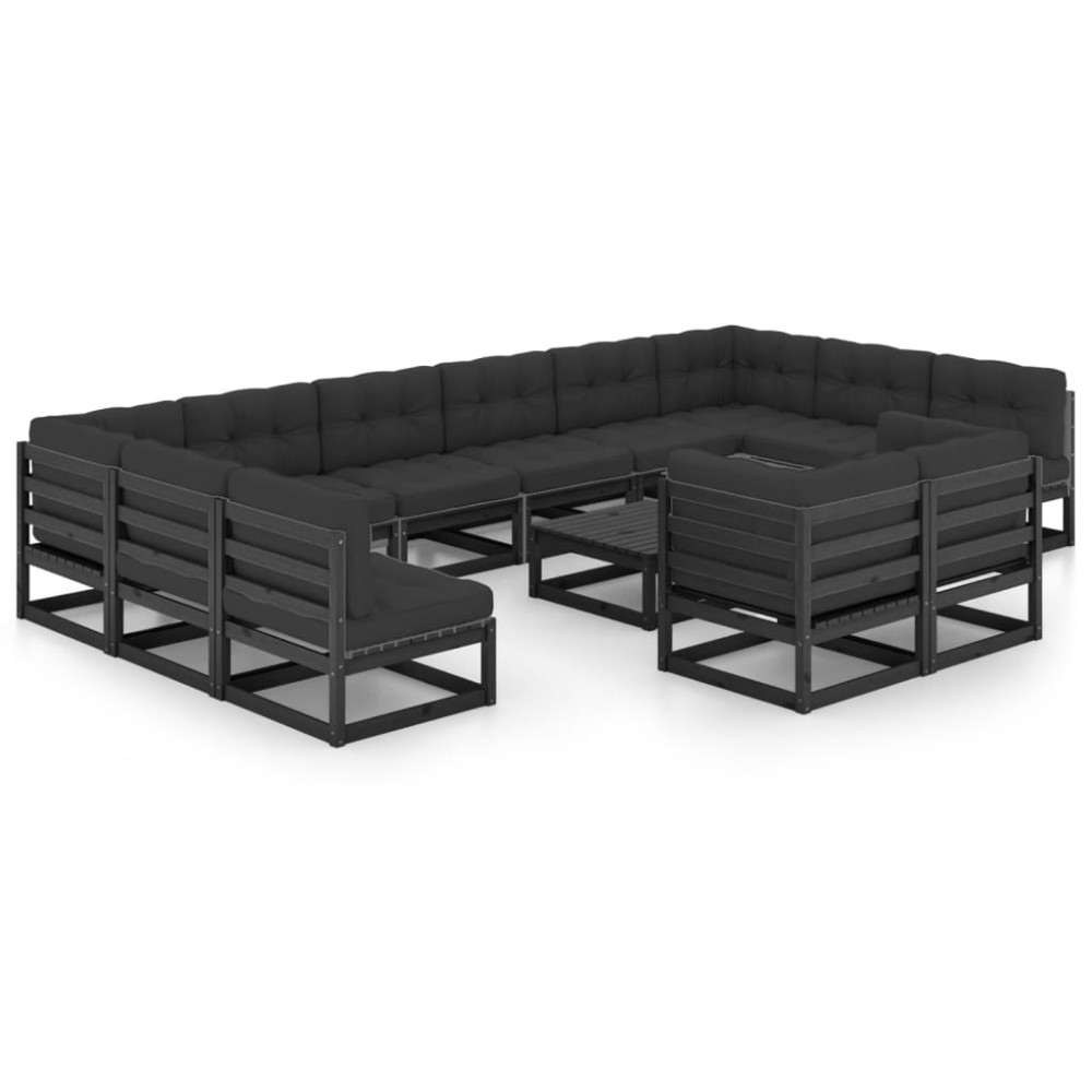 vidaXL Set mobilier grădină perne, 13 piese, negru, lemn masiv pin