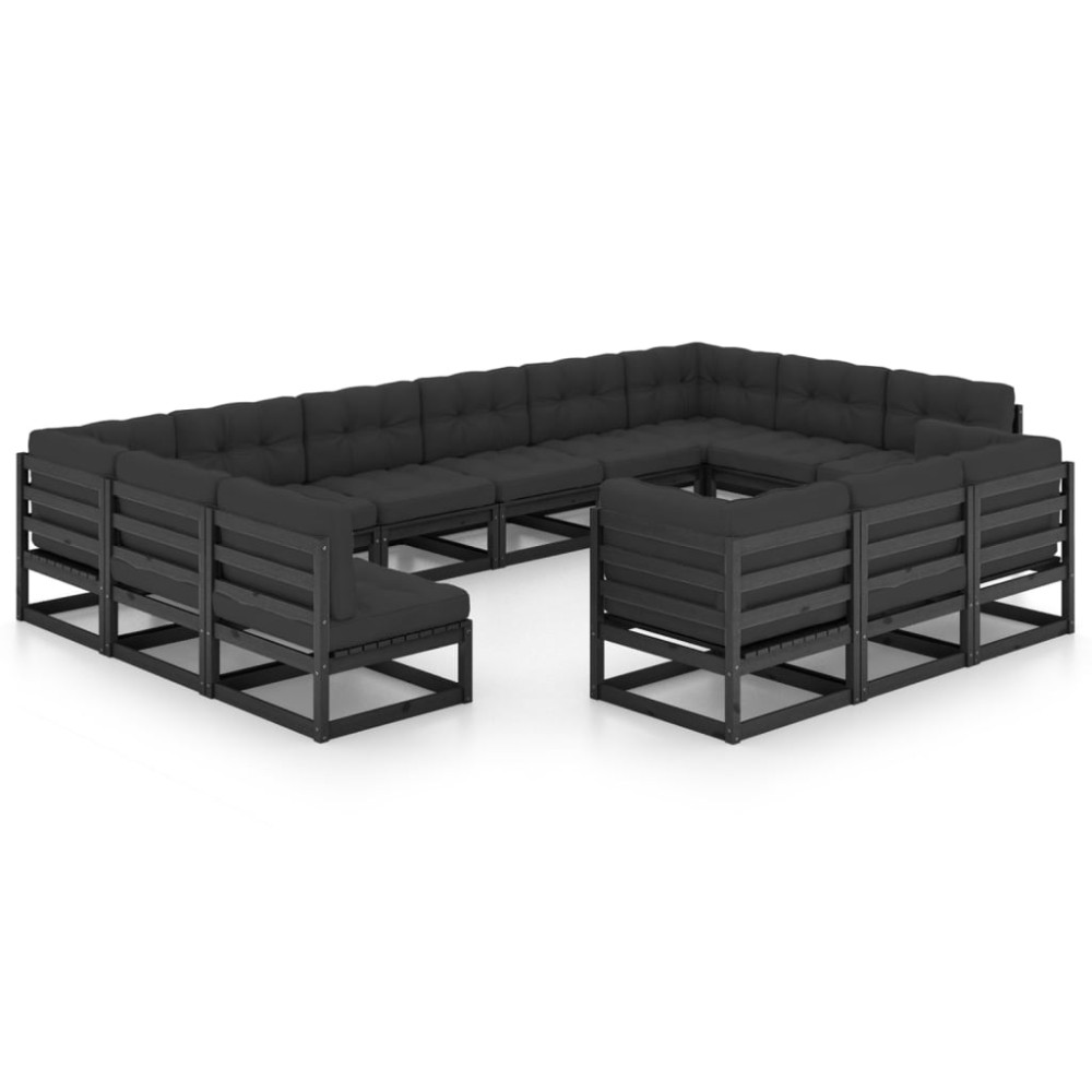 vidaXL Set mobilier grădină perne, 13 piese, negru, lemn masiv pin