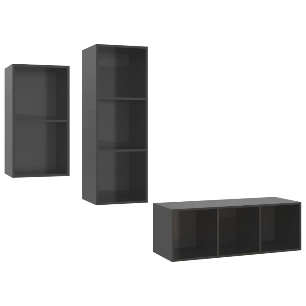 vidaXL Set de dulapuri TV, 3 piese, gri extralucios, lemn prelucrat