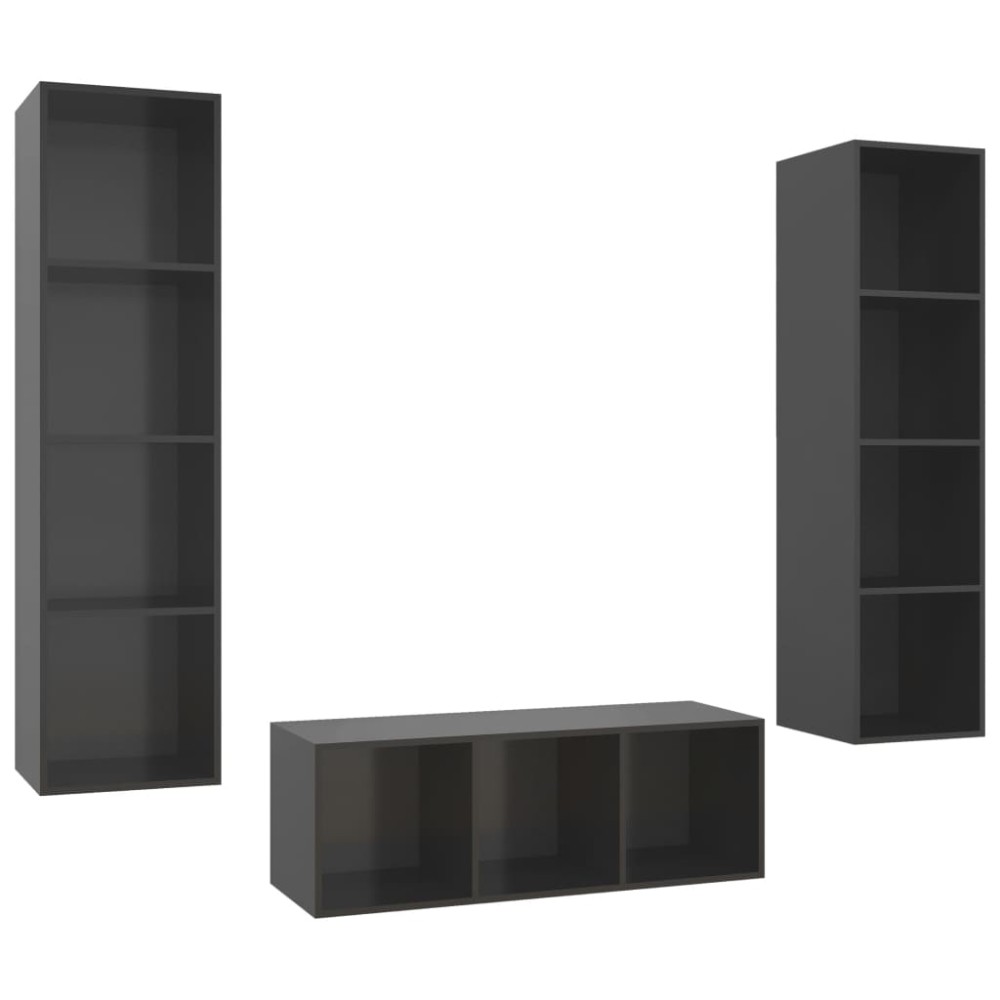vidaXL Set de dulapuri TV, 3 piese, gri extralucios, lemn prelucrat