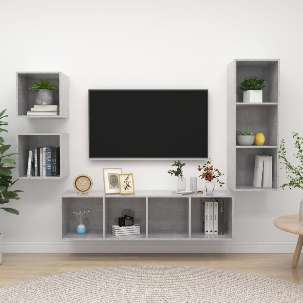 vidaXL Set de dulapuri TV, 4 piese, gri beton, lemn prelucrat
