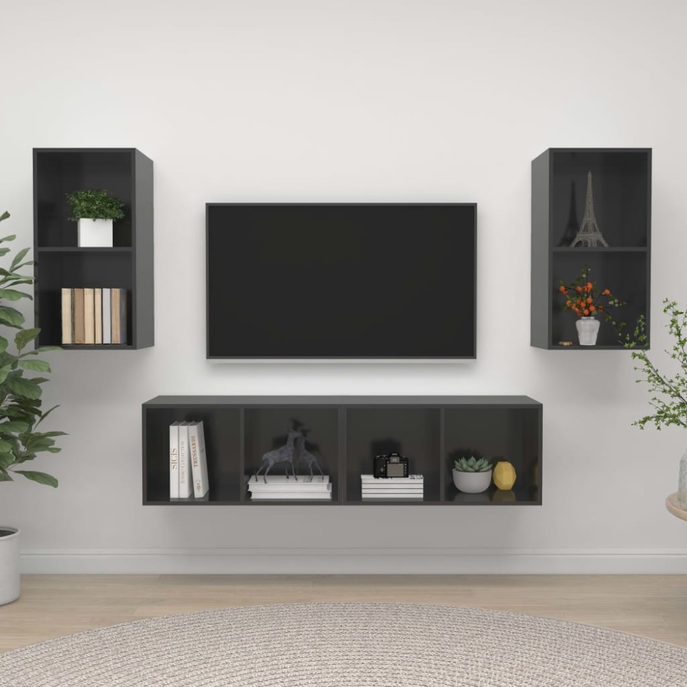 vidaXL Dulapuri TV suspendate, 4 buc., gri lucios, lemn prelucrat