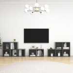 vidaXL Set de dulapuri TV, 8 piese, gri extralucios, lemn prelucrat vidaXL Set de dulapuri TV, 8 piese, gri extralucios, lemn prelucrat
