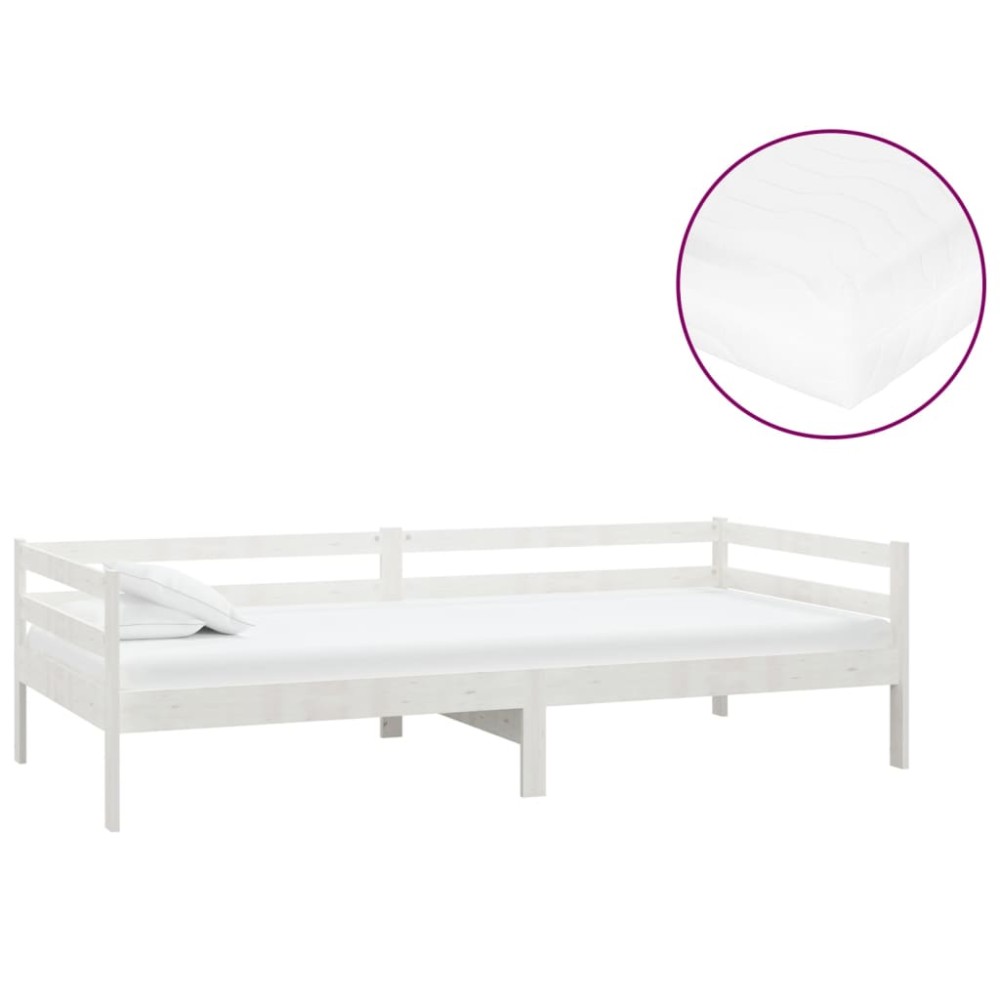 vidaXL Pat de zi cu saltea, 90x200 cm, alb, lemn masiv de pin