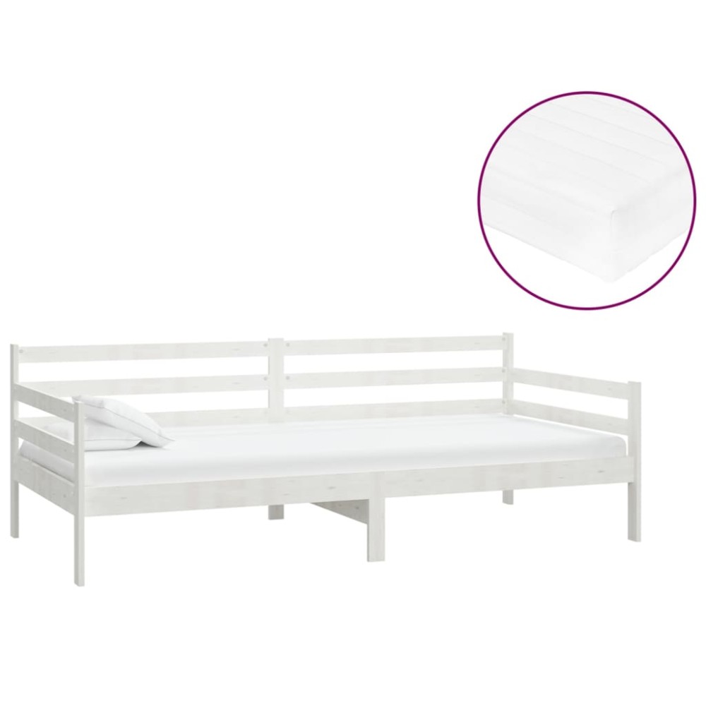 vidaXL Pat de zi cu saltea, alb, 90x200 cm, lemn masiv de pin