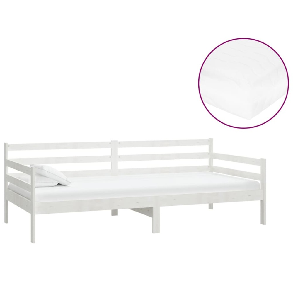 vidaXL Pat de zi cu saltea, alb, 90x200 cm, lemn masiv de pin