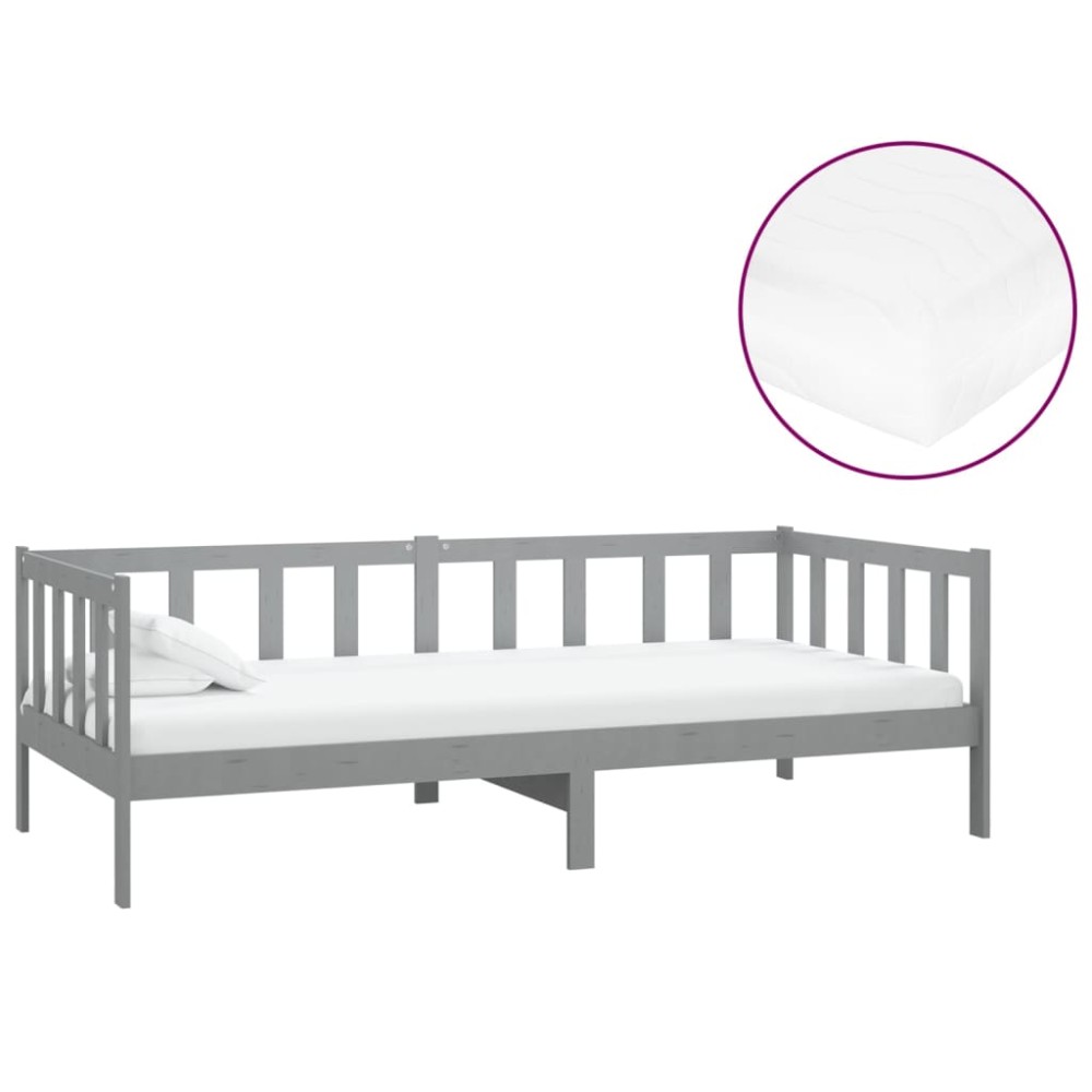 vidaXL Pat de zi cu saltea, gri, 90x200 cm, lemn masiv de pin