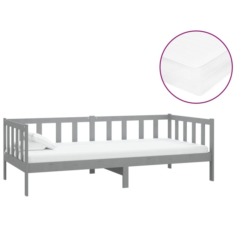 vidaXL Pat de zi cu saltea, gri, 90x200 cm, lemn masiv de pin