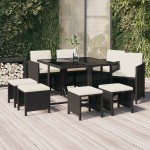 vidaXL Set mobilier de grădină cu perne, 9 piese, negru, poliratan vidaXL Set mobilier de grădină cu perne, 9 piese, negru, poliratan