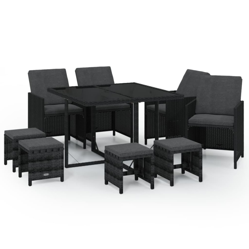 vidaXL Set mobilier de grădină cu perne, 9 piese, negru, poliratan