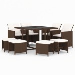 vidaXL Set mobilier de grădină cu perne, 9 piese, maro, poliratan