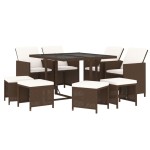 vidaXL Set mobilier de grădină cu perne, 9 piese, maro, poliratan