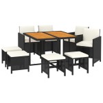 vidaXL Set mobilier de grădină cu perne, 9 piese, negru, poliratan
