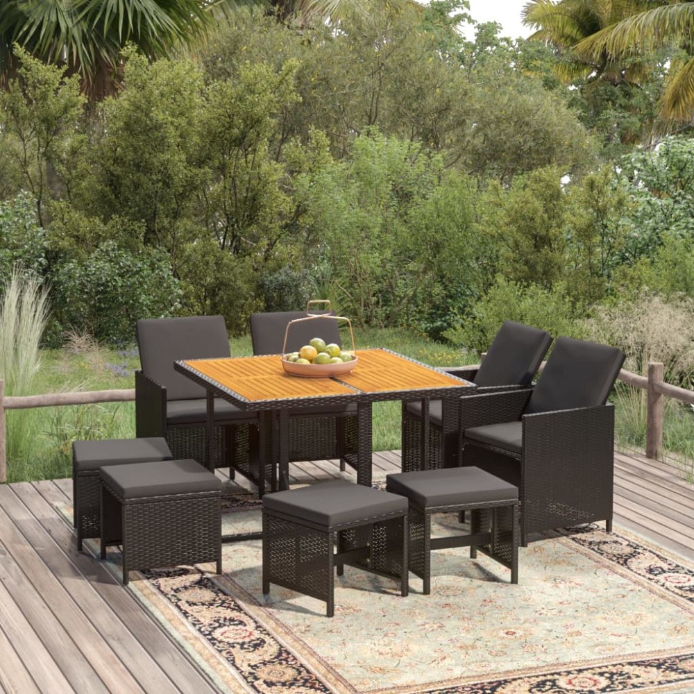 vidaXL Set mobilier de grădină cu perne, 9 piese, negru, poliratan