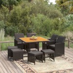 vidaXL Set mobilier de grădină cu perne, 9 piese, negru, poliratan