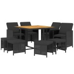 vidaXL Set mobilier de grădină cu perne, 9 piese, negru, poliratan