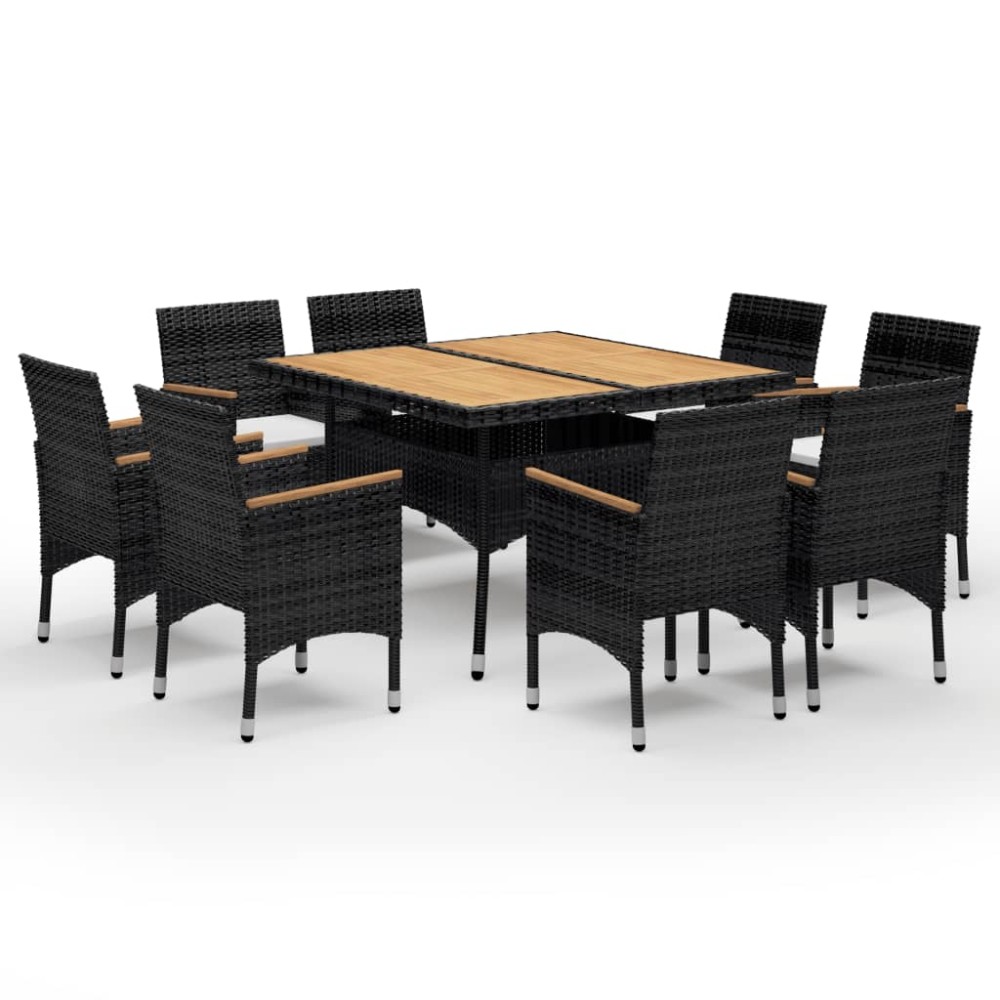 vidaXL Set mobilier grădină, 9 piese, negru, poliratan și lemn masiv
