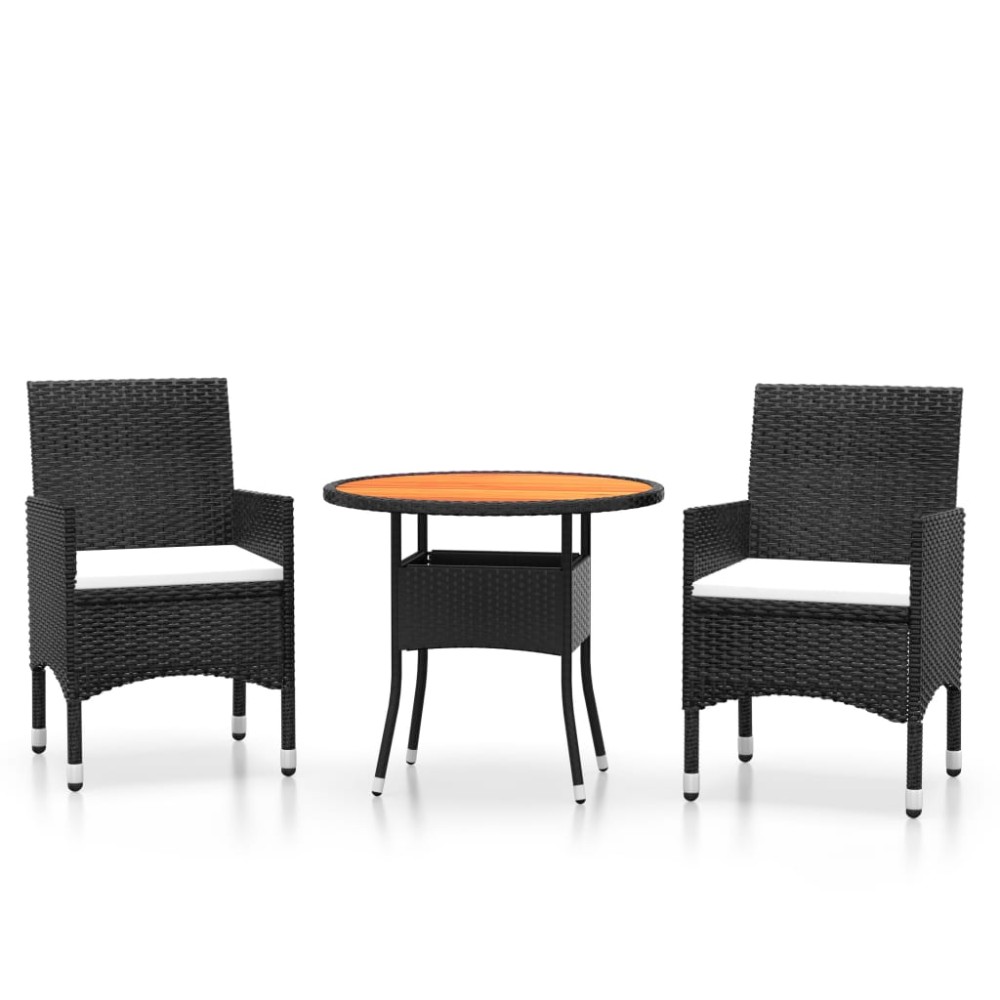 vidaXL Set bistro de grădină, 3 piese, negru, poliratan și lemn masiv