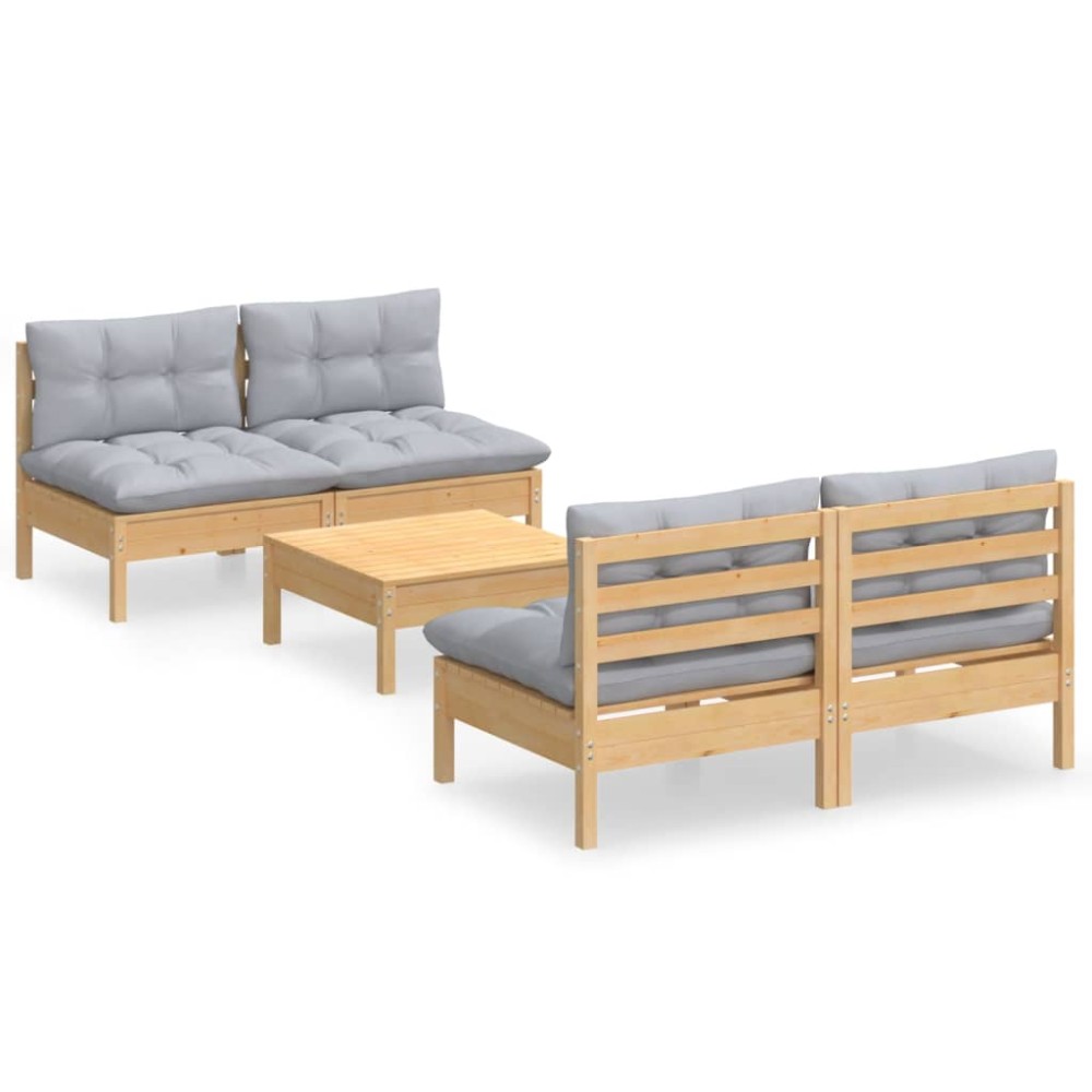 vidaXL Set mobilier grădină cu perne gri, 5 piese, lemn masiv de pin