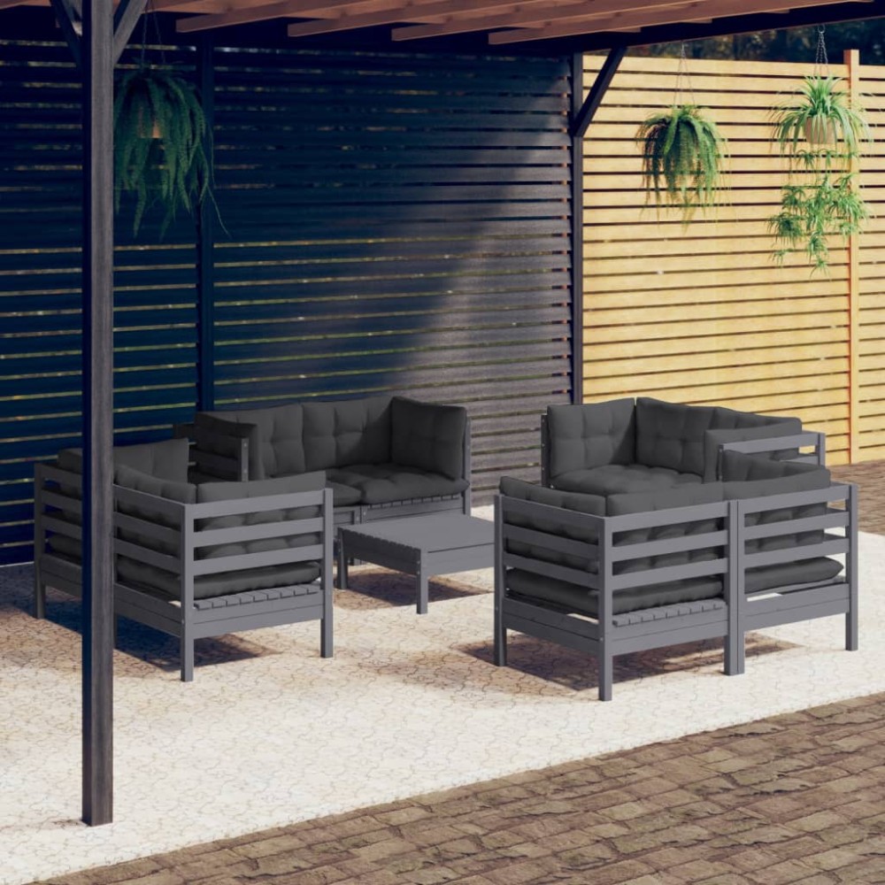 vidaXL Set mobilier de grădină cu perne, 9 piese, antracit, lemn pin