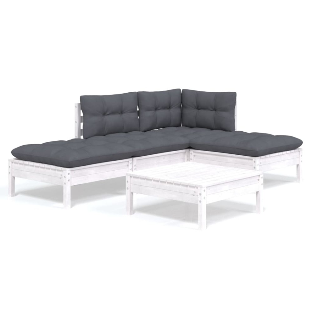 vidaXL Set mobilier grădină cu perne, 5 piese, alb, lemn de pin