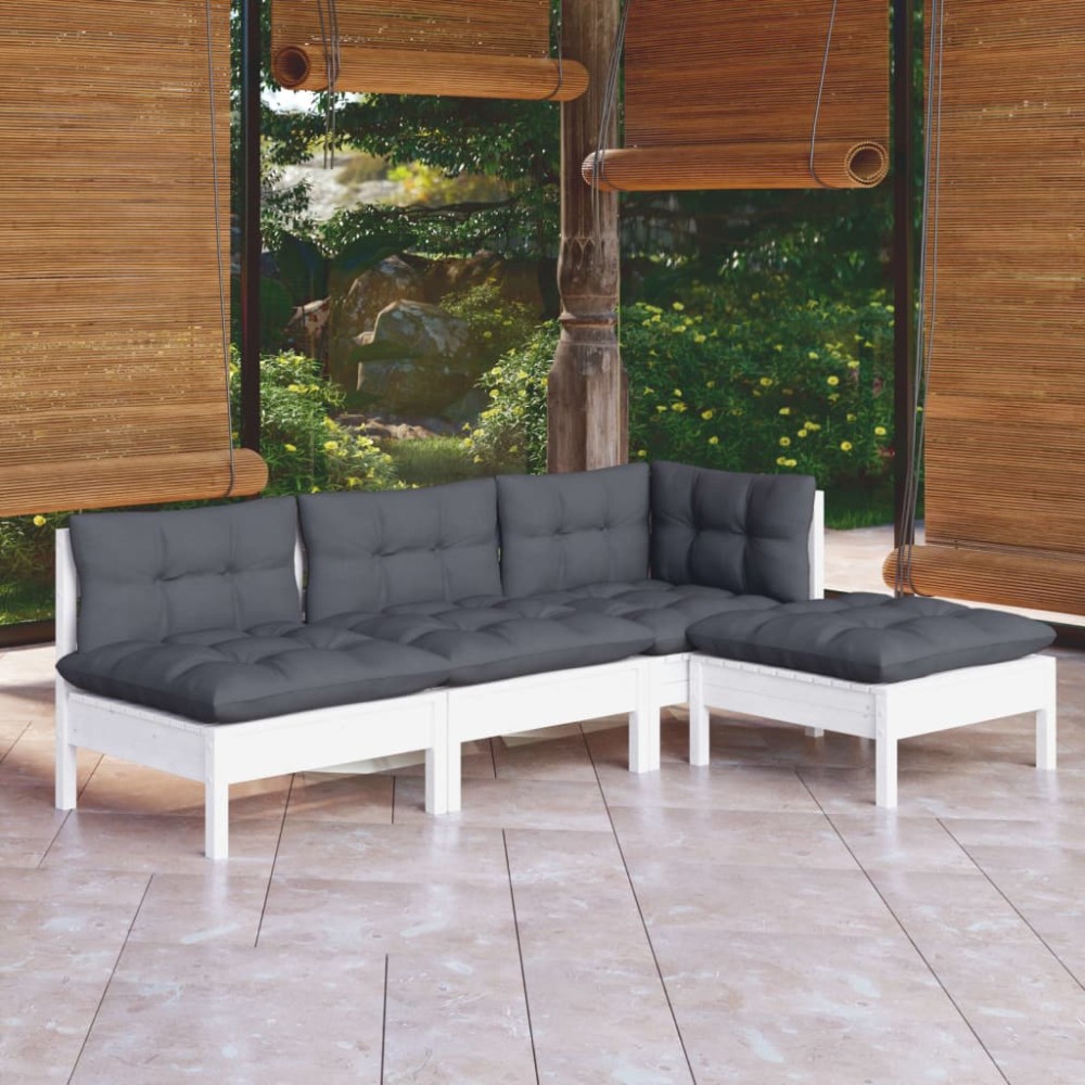 vidaXL Set mobilier grădină cu perne, 4 piese, alb, lemn de pin