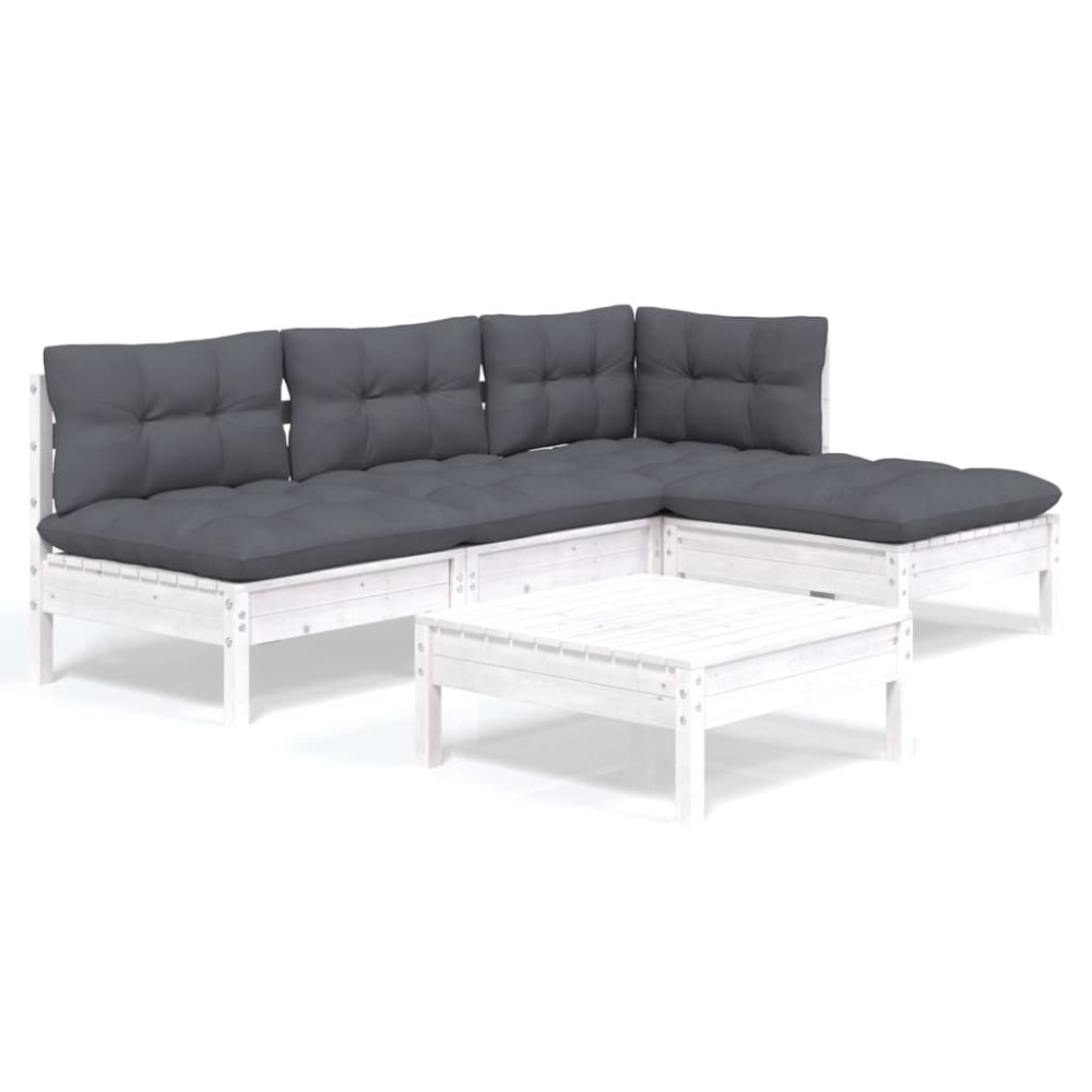 vidaXL Set mobilier grădină cu perne, 5 piese, alb, lemn de pin