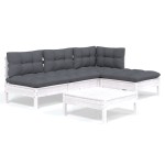 vidaXL Set mobilier grădină cu perne, 5 piese, alb, lemn de pin
