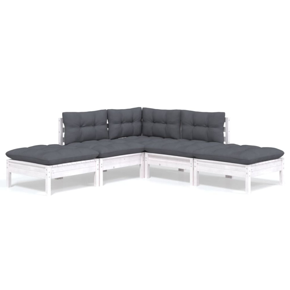 vidaXL Set mobilier grădină cu perne, 5 piese, alb, lemn de pin
