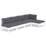 vidaXL Set mobilier grădină cu perne, 5 piese, alb, lemn de pin