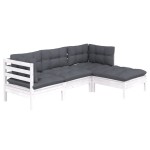 vidaXL Set mobilier grădină cu perne, 4 piese, alb, lemn de pin